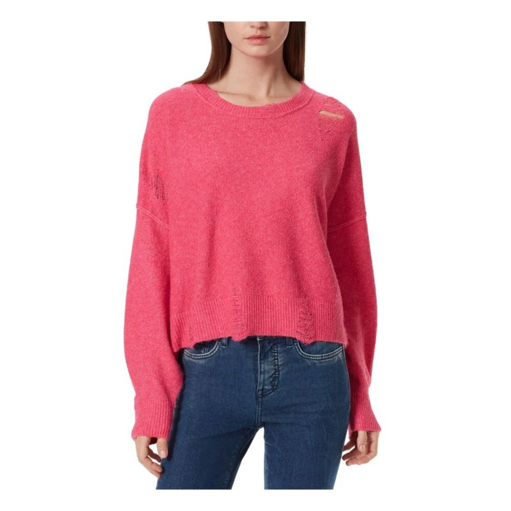 JEANS Womens Pink Distressed Sheer Ribbed Long Sleeve Crew Neck Sweater M